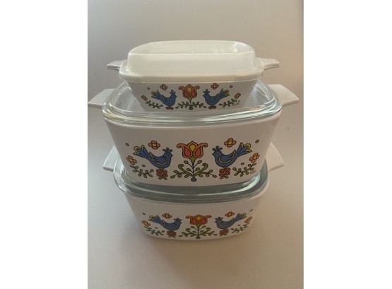 Vintage Corning Ware Country Festival Bluebird (3) Covered Casseroles