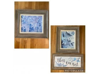 Bless Our Nest, Bird Print, Tree Print Weathered Wood Frames