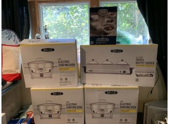 NIB Electric Chafing Dishes (3), Triple Buffet Server (1), Oval Bowl Set With Rack.