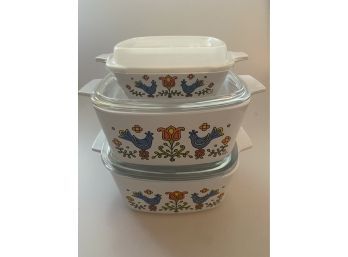 Vintage Corning Ware Country Festival Bluebird (3) Covered Casseroles