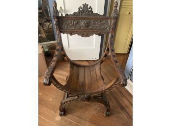 Antique Carved Wood Savonarola Style Chair