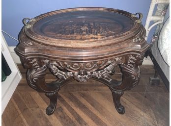 Antique Wood Carved Table With Removable Glass Tray