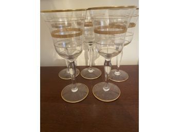 Set Of  5 Gold Rim Wine Glasses