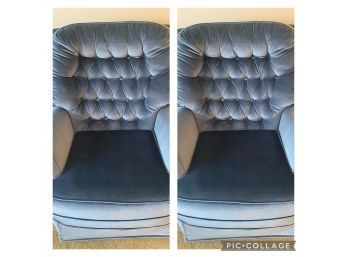 Pair Of Vintage Cornflower Blue Velvet Swivel Chairs