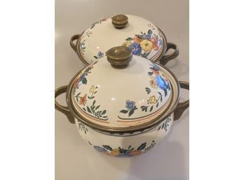 Vintage M Kamenstein Taiwan Enamel Cookware 2 Pots  Floral W Brass Handles & Lids.