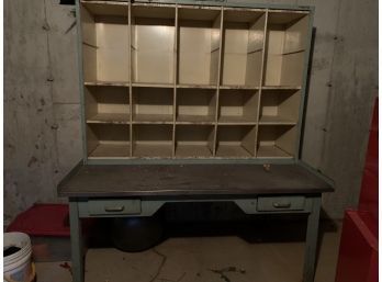 Vintage Mid Century Post Office Metal Postal Sorting Table, Sorting Cabinet And Cubbies