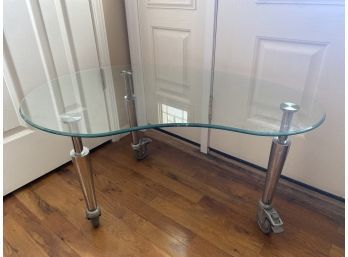 Industrial Style Kidney Shaped Glass Table On Metal Casters