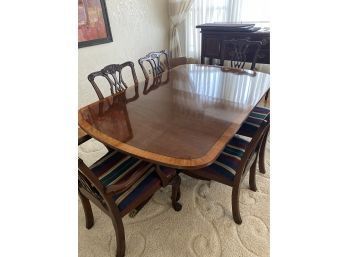 PA House Double Pedestal Cherrywood Sheritan Table With Mahogany Banding & 6 Cherry Chippendale Style  Chairs