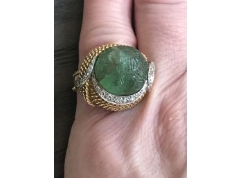 18 K Yellow Gold Diamond And Carved Emerald Ring