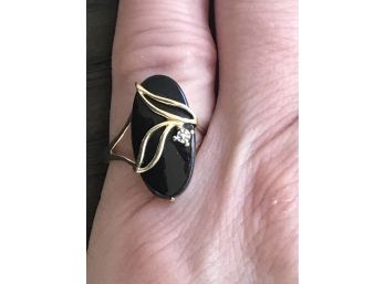 Classic 10K Gold Onyx And Diamond Ring