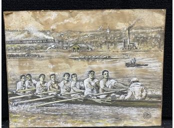 Antique  Watercolor  On Paper Sculling Rowing Teams