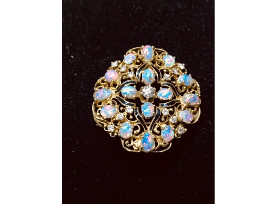 Beautiful 14k Gold Opal And Diamond Pendant Or Brooch