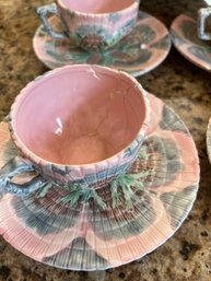 Vintage Horchow Shell & Seaweed Majolica Teacups And Saucers (Damages Please Note Photos)