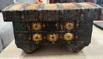 Vintage Indonesian Chest Box Brass, Iron, Wood With Wheels