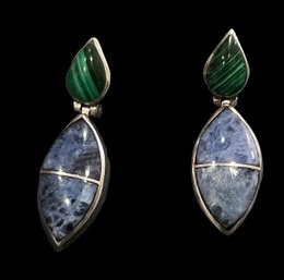 Sterling Silver Taxco Mexico 950 Hinged Malachite And Blue Sodalite Earrings 1.5'