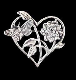 Vintage Sterling Silver Heart Flower Butterfly H&H Brooch Pin