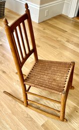 Vintage Small Wooden Rocking Chair With Woven Seat For Child