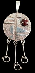 Sterling Silver Abstract Modernist Pendant Brown Stone Israel Signed