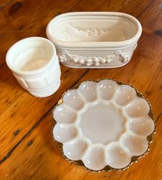 Miscellaneous Grouping Of Floral Plant Containers And Fire King Anchor Hocking Milk Glass Deviled Egg Dish