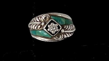 Vintage Sterling Silver Cheryl Wadsworth Hopi Native American Size 7 Turquoise CW CZ Ring 6.4gr