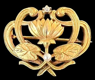 Art Nouveau Unmarked Gold Plated Gemstone And Pearl Brooch