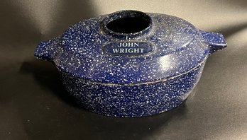 Antique John Wright Cast Iron Blue Speckled Enamel Dutch Oven Humidifier