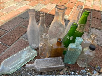 VIntage Lot Of Glass Clear, Green And Brown Bottles