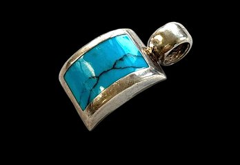 Vintage Sterling Silver Concave Blue Turquoise Pendant