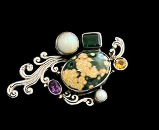 Large Sterling Silver Ocean Jasper Larger Green Brown Stone, Mabe Pearl And Glass Stone Pendant
