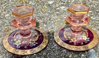 Vintage Pair Of Pink Depression Glass Candlesticks Painted Floral Gold Rim  3.5'