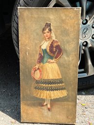 Antique Oil On Cavas Pheasant Girl