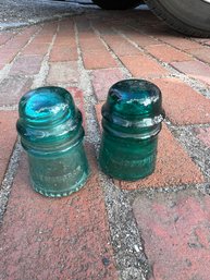 Pair Of Antique Blue Green Glass Pony Insulators