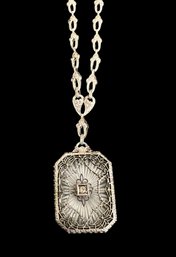 Vintage Camphor Glass Filigree Pendant Necklace 17' Chain