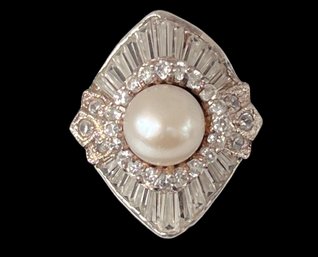 Vintage Sterling Silver 'SM' Multi CZ And Pearl Cocktail Ring 7.9gr Size 7