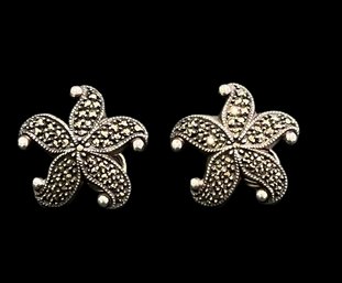 Vintage Sterling Silver Marcasite Judith Jack Signed French Clip Starfish Earrings