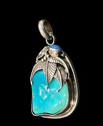 Large Turquoise Native American Sterling Silver Leaf Pendant