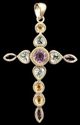 Gold Plated Sterling Silver Multi Gemstone Large Cross Pendant