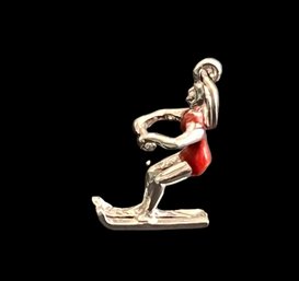 Vintage Silver Skiing Red Enamel Person Charm Pendant Unmarked .75'