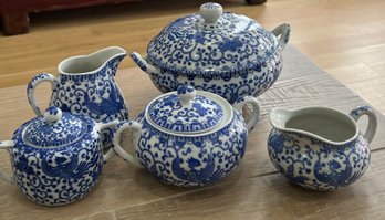 Vintage Set Of Made In Japan Blue & White Porcelain Phoenix Bird Serving Pieces
