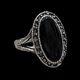 Vintage 18k White Gold Plated Sterling Silver Large Oval Onyx And Hematite Ring Size 8