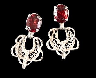 Vintage Sterling Silver Garnet With Dangle Filigree Attachment Earrings