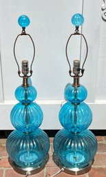 Pair Of Blue MCM Stacked Glass Lanterns No Shades 31'