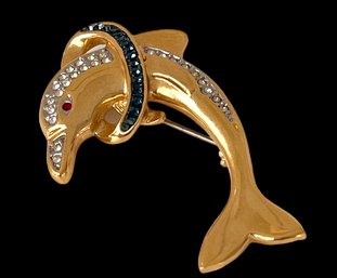 Vintage Gold Tone Butler Dolphin Brooch With Blue Clear Red Rhinestones