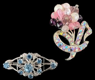 Pair Of  Mid Century Unsigned Rhinestone And Bead Brooches