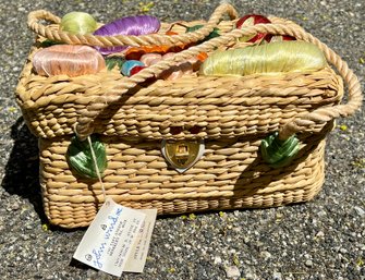Vintage  Jon Wind Bags By Donna Woven Straw Raffia Bag Basket Colorful Fruit Pattern Boho NWT
