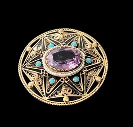 Vintage Gold Tone Filigree Amethyst Pearl Turquoise Brooch Pin