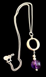 Sterling Silver Beads And Round Amethyst With Open Oval Pendant And Necklace