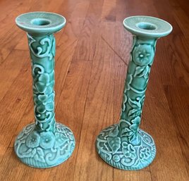 Pair Of Gree Embossed Floral Vine Majolica Candleholders Made For William Sonoma