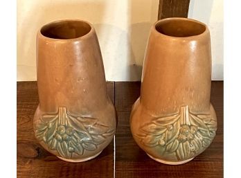 Pair Of Brown And Green Nelson MCCoy Berries And Leaves Vases