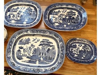 Antique Mixed Set Of 4 Blue And White English Willow Ware